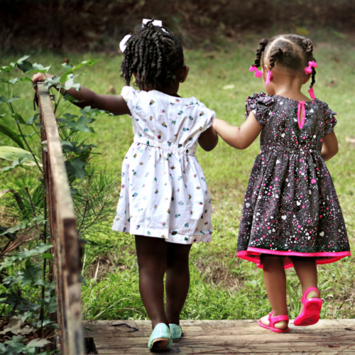 Two girls with diverse skin tones walk into a meadow holding hands. Learn about skin tones with Britt Hawthorne.