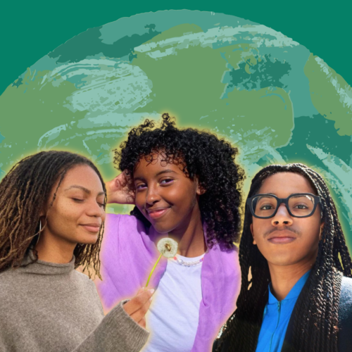 Black climate activists Leah Thomas, Isra Hirsi, and Jerome Foster II are pictured on a green background with an abstract design of Earth.